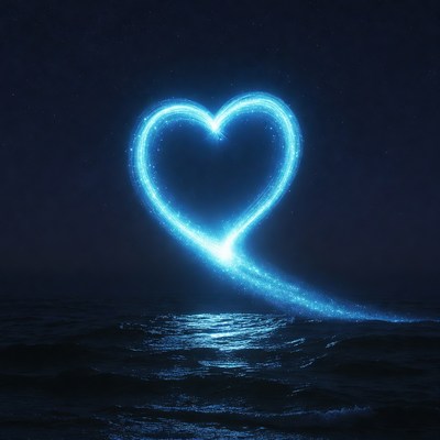 Glowing Blue Heart Over Ocean