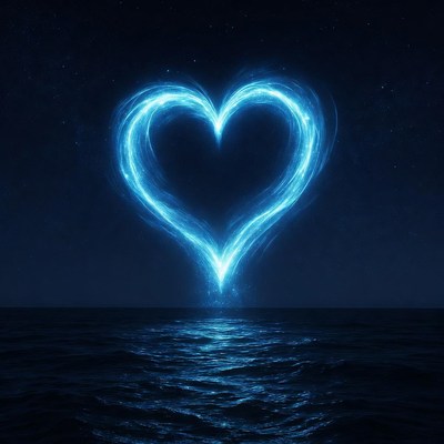 Glowing Blue Heart Over Ocean