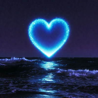Glowing Blue Heart Over Ocean