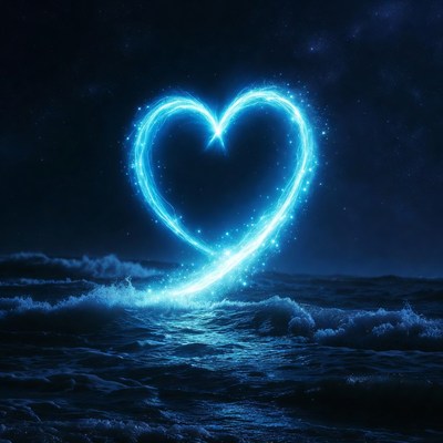 Glowing Blue Heart Over Ocean Waves