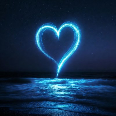Glowing Blue Heart Over Ocean Waves