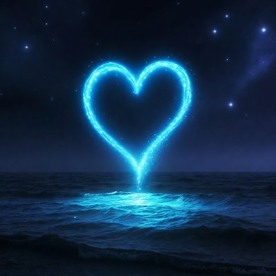 Glowing Blue Heart Over Night Ocean