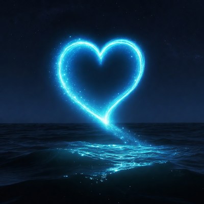 Glowing Blue Heart Over Ocean