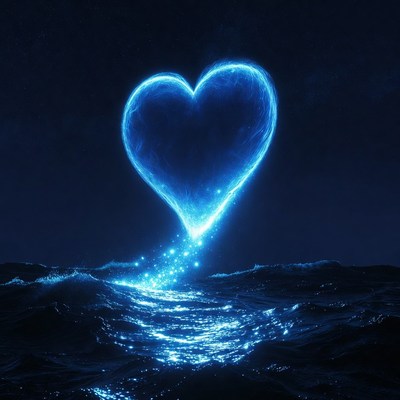 Glowing Blue Heart Over Ocean