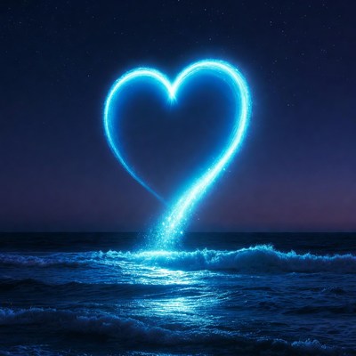 Glowing Blue Heart Over Ocean Waves