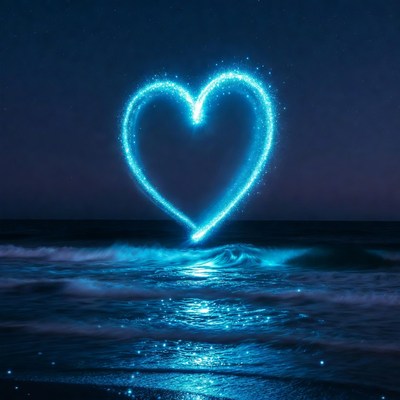 Glowing Blue Heart Over Ocean Waves