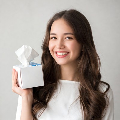 Smiling woman holding tissue box