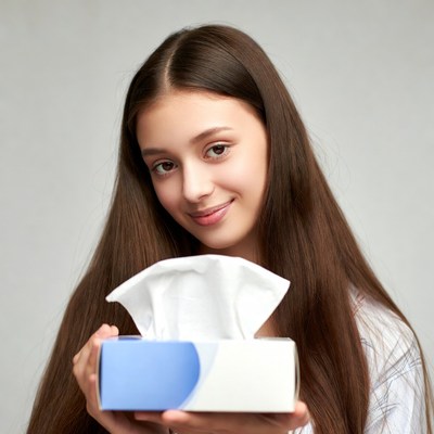 Young woman holding tissue box