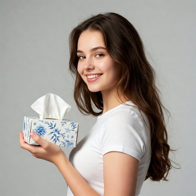 Young woman holding blue floral tissue box