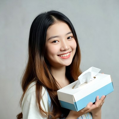 Asian woman holding tissue box