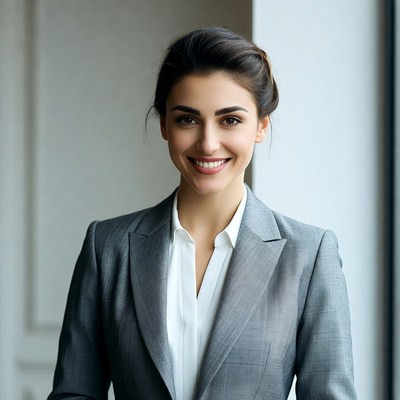 Smiling woman in gray suit