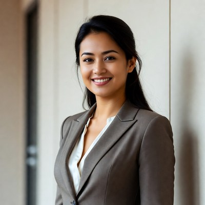 Asian woman in gray blazer smiling