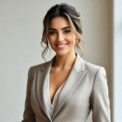 Smiling woman in gray blazer