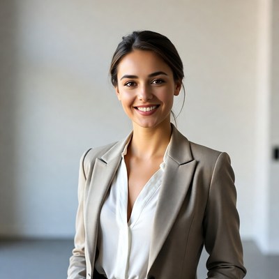 Smiling woman in beige blazer suit