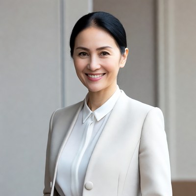 Asian woman in white blazer smiling