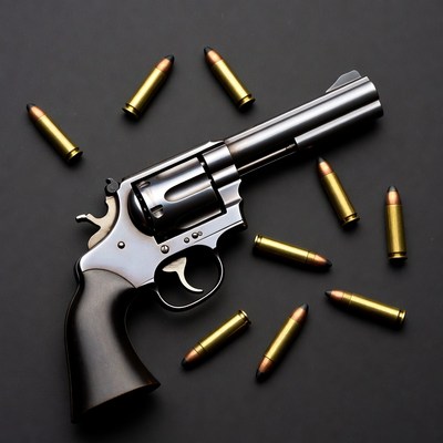 Silver revolver with scattered bullets