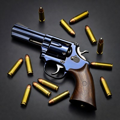 Blue revolver with golden bullets