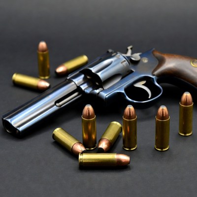 Revolver with Bullets on Black Background