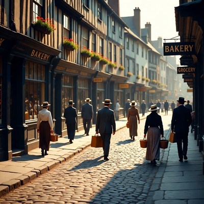 Vintage People Walking Cobblestone Street