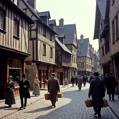 Vintage Half-Timbered Street with Pedestrians