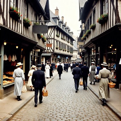 Vintage Half-Timbered Street with Pedestrians