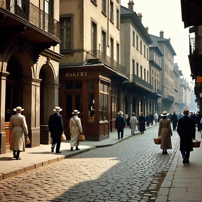 Vintage Street Scene with Bakery and Pedestrians