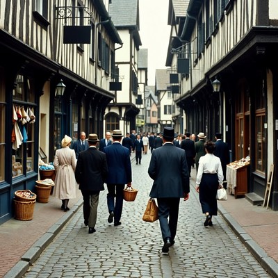 Crowd walking in half-timbered street