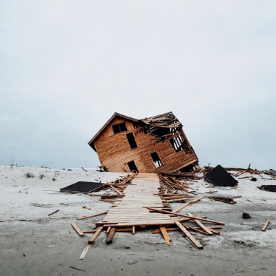 Tilted Wooden House on Sandy Beach