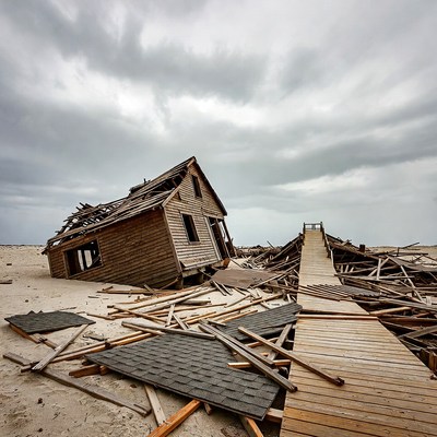 Destroyed Wooden House on Beach