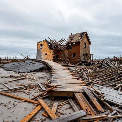 Destroyed Wooden House on Beach