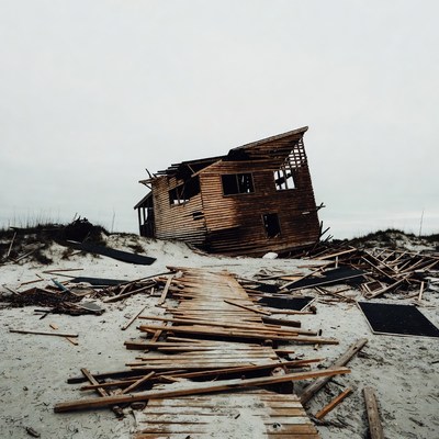 Destroyed Wooden House on Beach