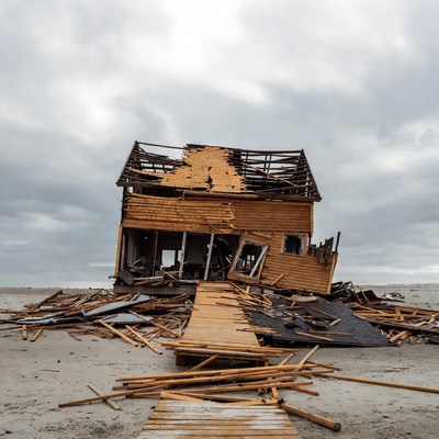 Destroyed Wooden House on Beach