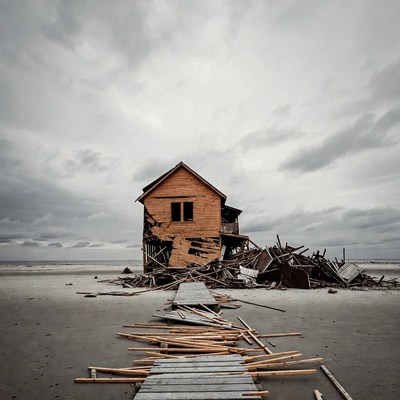 Destroyed Wooden House on Beach
