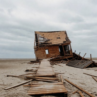 Tilted Wooden House on Beach