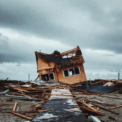 Tilted Wooden House After Storm Disaster
