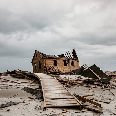 Destroyed Wooden House on Sandy Beach