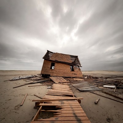Abandoned Tilted House on Beach