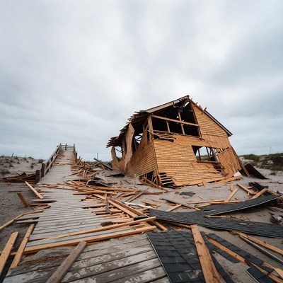 Destroyed Wooden House on Beach Pier