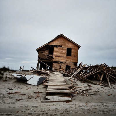 Destroyed Wooden House on Beach