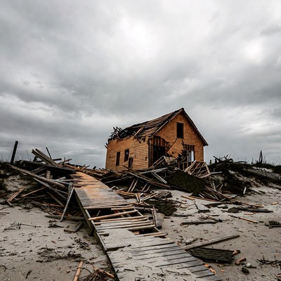Abandoned Wooden House on Beach After Storm
