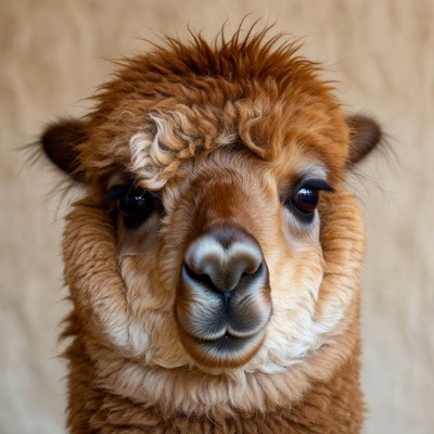 Fluffy alpaca close-up portrait