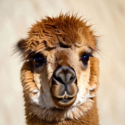 Closeup of fluffy brown alpaca face