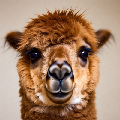 Closeup of fluffy brown alpaca face