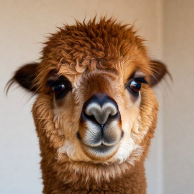 Closeup of fluffy brown alpaca face