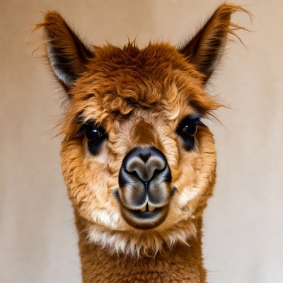 Fluffy alpaca close-up portrait