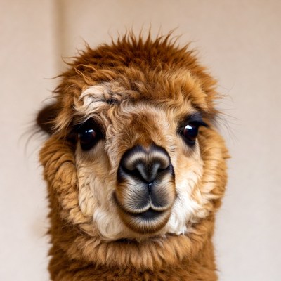 Close-up of fluffy alpaca face