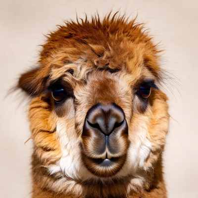 Closeup of fluffy brown alpaca face