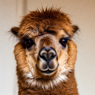 Closeup of fluffy brown alpaca face