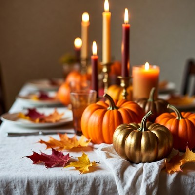 Autumn Thanksgiving Table with Pumpkins and Candles