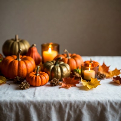 Autumn pumpkins candles fall leaves